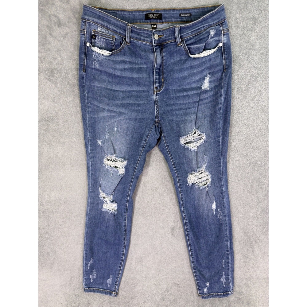 Judy Blue Jeans Womens 16W Plus Blue Skinny Medium Wash High Rise Distressed